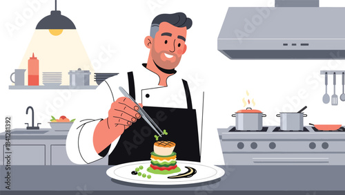 Chef plating a gourmet dish with precision tools. Modern flat vector fine dining illustration in clean solid color style