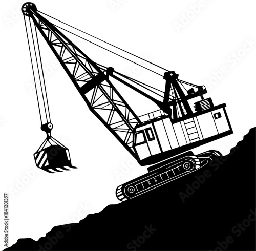 Excavator on Slope Vector – Black and White Heavy Machinery Illustration