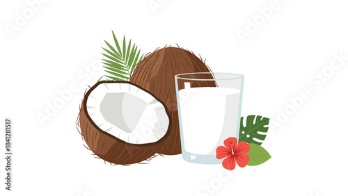 Coconut milk beverage with fresh coconuts and tropical leaves on white background for healthy drink concept