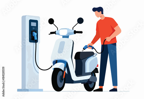 Man charging electric scooter at a station