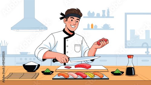 Chef preparing sushi at counter. Modern flat vector Japanese culinary illustration with clean solid color shapes