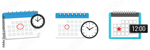 Set of three calendar and clock icons representing scheduling, appointments, deadlines, and time management concepts