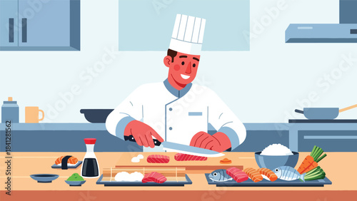 Chef preparing sushi at counter. Modern flat vector Japanese culinary illustration with clean solid color shapes