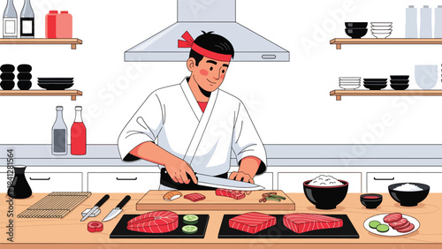 Chef preparing sushi at counter. Modern flat vector Japanese culinary illustration with clean solid color shapes