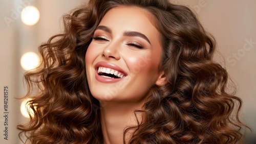 Beautiful laughing brunette model girl with long curly hair . Smiling woman hairstyle wavy curls .Cosmetology and hair care . Fashion  make up portrait. 