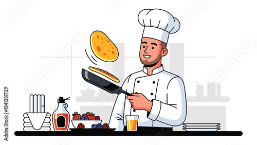 Chef flipping pancake in pan. Modern flat vector breakfast cooking illustration in clean solid color style