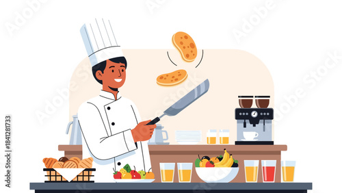 Chef flipping pancake in pan. Modern flat vector breakfast cooking illustration in clean solid color style