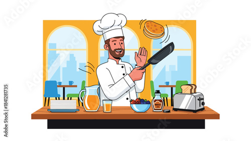 Chef flipping pancake in pan. Modern flat vector breakfast cooking illustration in clean solid color style