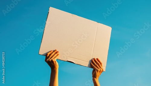 Hands holding blank cardboard sign against clear blue sky Blank sign protest