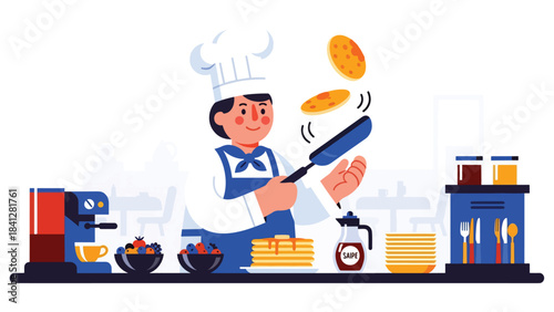 Chef flipping pancake in pan. Modern flat vector breakfast cooking illustration in clean solid color style