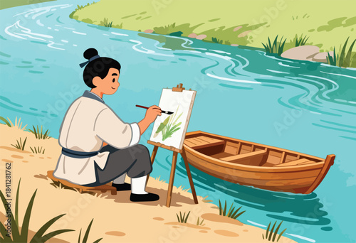 Artist paints nature by the tranquil river