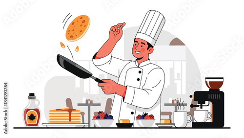 Chef flipping pancake in pan. Modern flat vector breakfast cooking illustration in clean solid color style