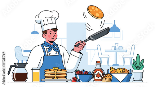Chef flipping pancake in pan. Modern flat vector breakfast cooking illustration in clean solid color style