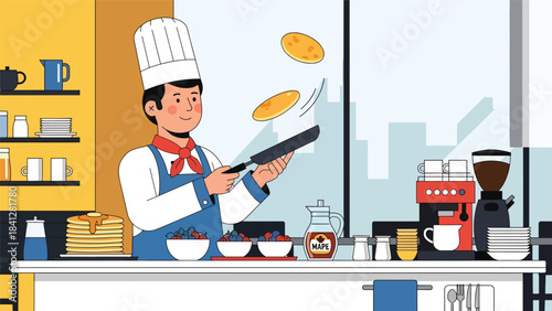 Chef flipping pancake in pan. Modern flat vector breakfast cooking illustration in clean solid color style