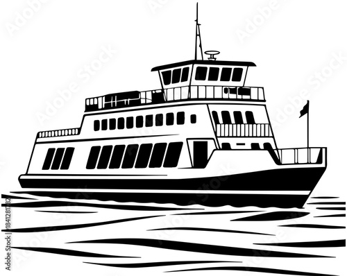 black and white ferry boat on water clip art preview