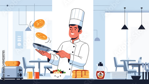 Chef flipping pancake in pan. Modern flat vector breakfast cooking illustration in clean solid color style