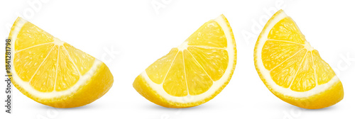 Lemon slices collection. Yellow lemon slice set. Citrus fruit isolated on white background. Full depth of field.