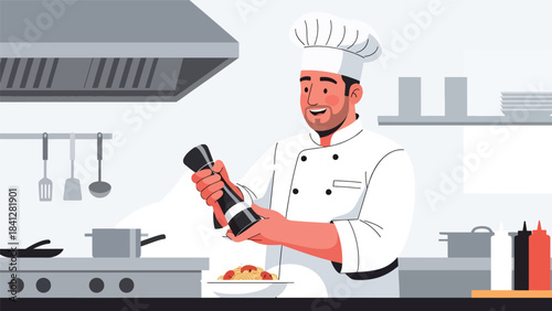 Chef seasoning dish with salt grinder. Modern flat vector culinary illustration with solid colors and clean shapes
