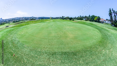 Golf Course Putting Greens Yellow Flag Pins Summer Fairways 