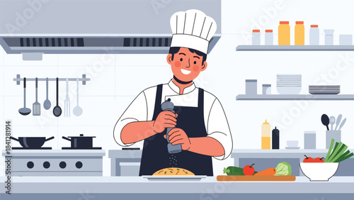 Chef seasoning dish with salt grinder. Modern flat vector culinary illustration with solid colors and clean shapes