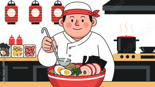 Chef preparing ramen bowl with steaming broth. Modern flat vector Japanese cooking illustration in solid tones