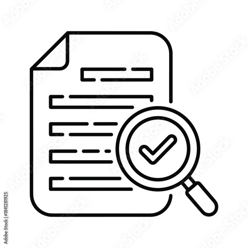 Document audit icon illustrating verified report compliance inspection magnifying glass and approved checklist