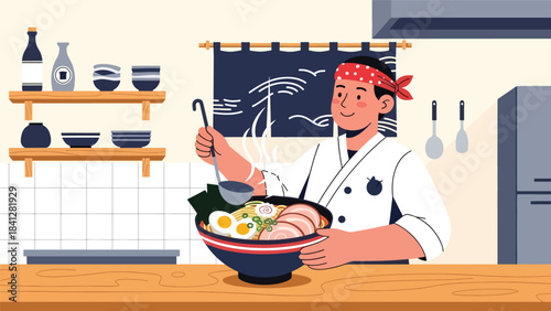 Chef preparing ramen bowl with steaming broth. Modern flat vector Japanese cooking illustration in solid tones