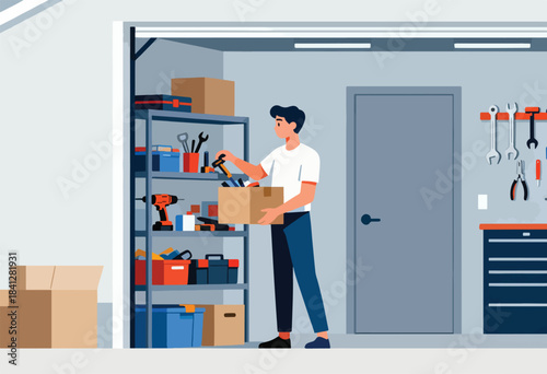 Person organizing tools and boxes in a garage storage area
