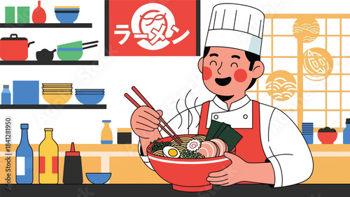 Chef preparing ramen bowl with steaming broth. Modern flat vector Japanese cooking illustration in solid tones