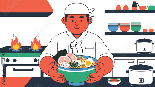 Chef preparing ramen bowl with steaming broth. Modern flat vector Japanese cooking illustration in solid tones