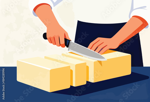 Close-up of hands slicing a butter stick into portions