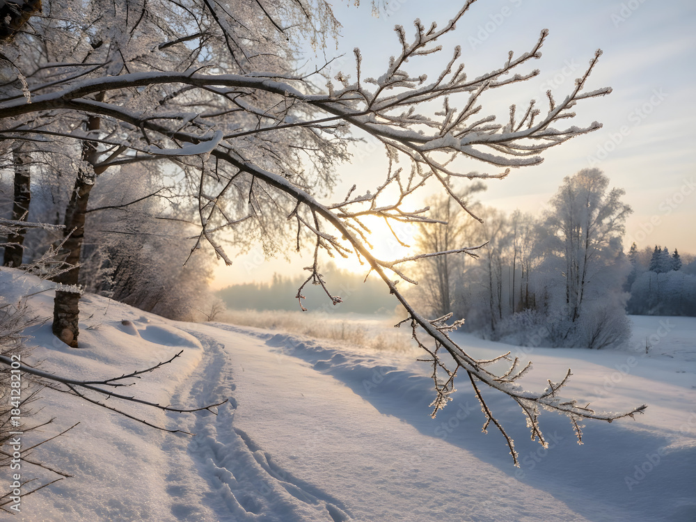 Obraz premium Winter landscape with snow-covered path and frosted trees at sunset in a quiet park
