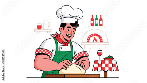 Chef kneading pizza dough on wooden board. Modern flat vector Italian cooking illustration with solid tones