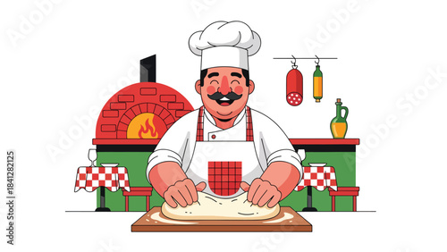Chef kneading pizza dough on wooden board. Modern flat vector Italian cooking illustration with solid tones