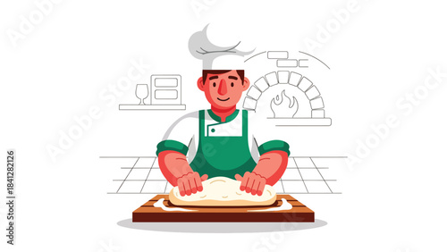 Chef kneading pizza dough on wooden board. Modern flat vector Italian cooking illustration with solid tones