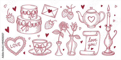 Hand Drawn Valentine S Day Elements With Cake Rose Teapot And Candle Keywords: valentine day, love, heart, cake, rose, teapot