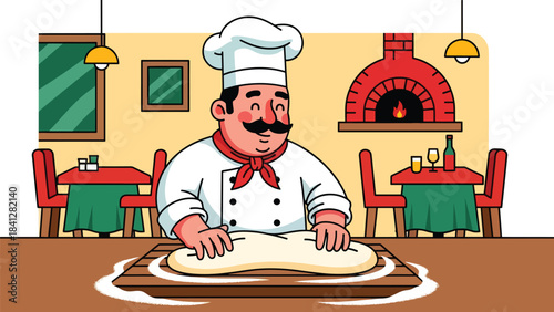 Chef kneading pizza dough on wooden board. Modern flat vector Italian cooking illustration with solid tones