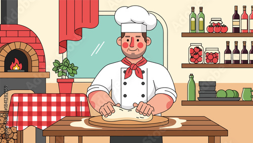 Chef kneading pizza dough on wooden board. Modern flat vector Italian cooking illustration with solid tones