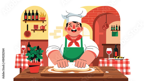 Chef kneading pizza dough on wooden board. Modern flat vector Italian cooking illustration with solid tones