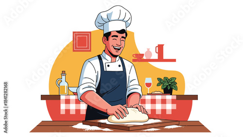 Chef kneading pizza dough on wooden board. Modern flat vector Italian cooking illustration with solid tones