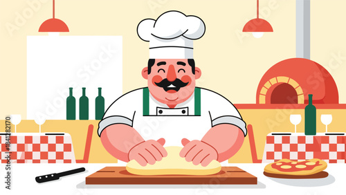 Chef kneading pizza dough on wooden board. Modern flat vector Italian cooking illustration with solid tones