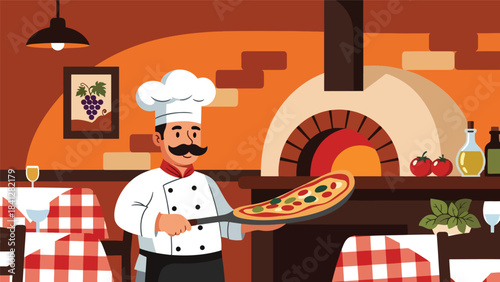 Chef kneading pizza dough on wooden board. Modern flat vector Italian cooking illustration with solid tones
