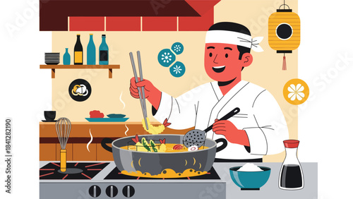 Chef frying tempura in deep pot. Modern flat vector Japanese cooking illustration with solid color palette