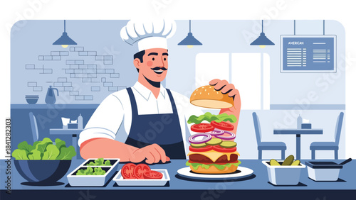 Chef assembling gourmet burger with fresh toppings. Modern flat vector culinary illustration in clean solid tones