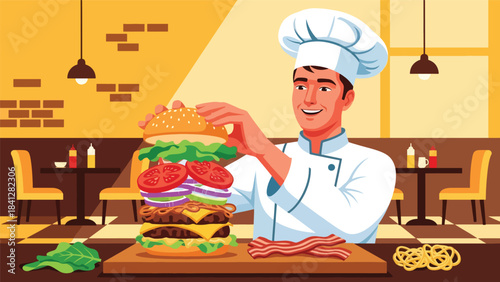 Chef assembling gourmet burger with fresh toppings. Modern flat vector culinary illustration in clean solid tones