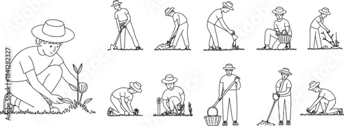 Line Art Illustrations of a Gardener Planting and Tending to Plants in Various Poses gardening