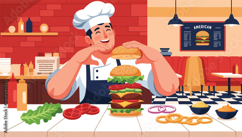 Chef assembling gourmet burger with fresh toppings. Modern flat vector culinary illustration in clean solid tones
