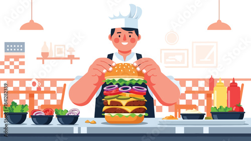 Chef assembling gourmet burger with fresh toppings. Modern flat vector culinary illustration in clean solid tones