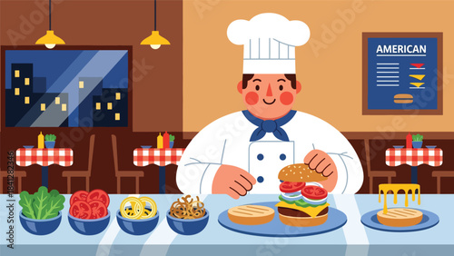 Chef assembling gourmet burger with fresh toppings. Modern flat vector culinary illustration in clean solid tones