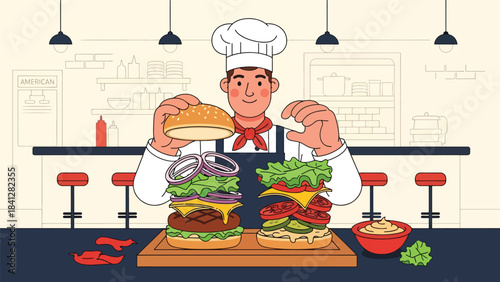 Chef assembling gourmet burger with fresh toppings. Modern flat vector culinary illustration in clean solid tones